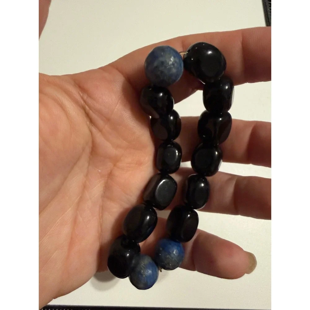 Black Onyx and Blue Sodalite Beaded Stretch Bracelet Natural Stone Jewelry